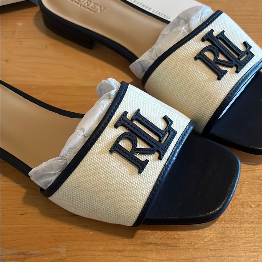 NEW in box, Ralph Lauren Everley Slides, Navy Beige - Picture 5 of 8